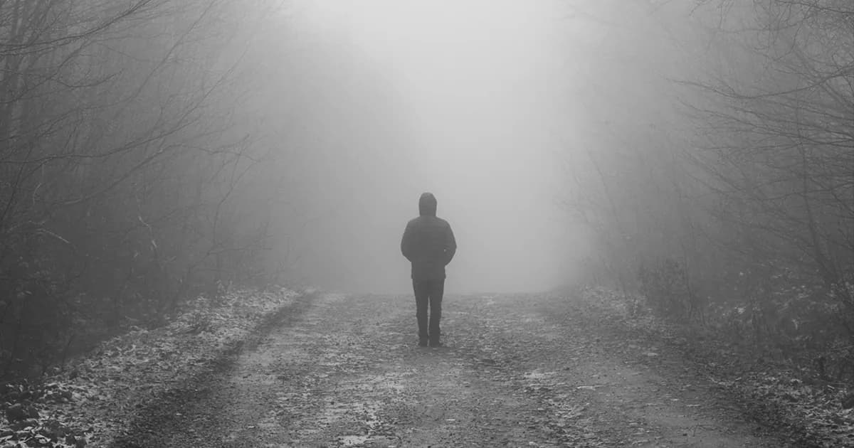 Persona caminando sola por un camino en un bosque cubierto de niebla, metáfora de la incertidumbre laboral y el camino personal.